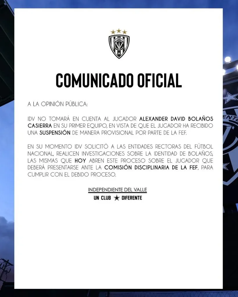 El comunicado de IDV por la suspensión de Alex Bolaños (Oficial)