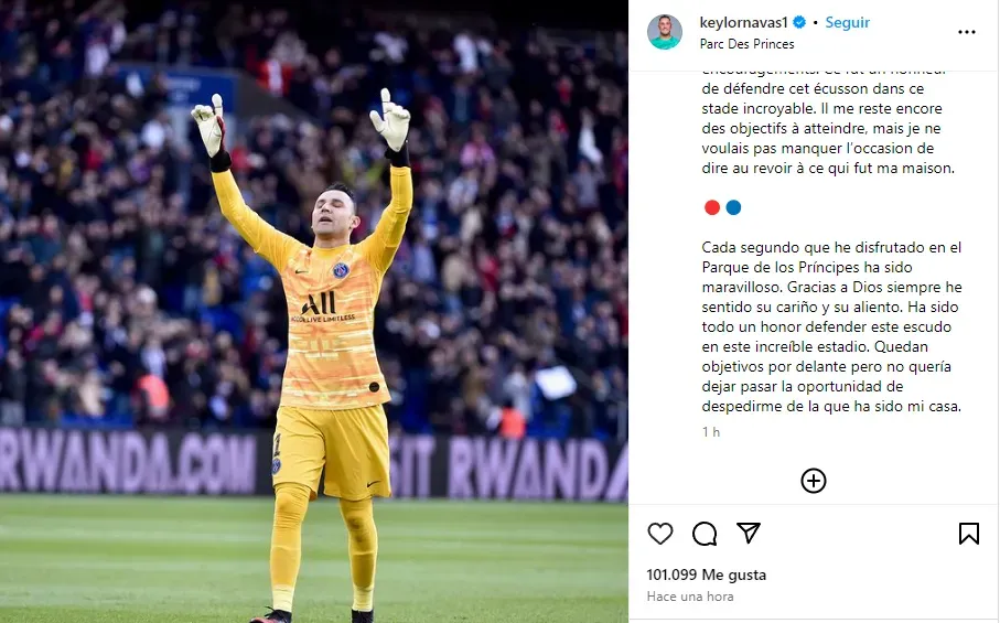 Keylor Navas se despidió por Instagram del PSG (Instagram @keylornavas1).