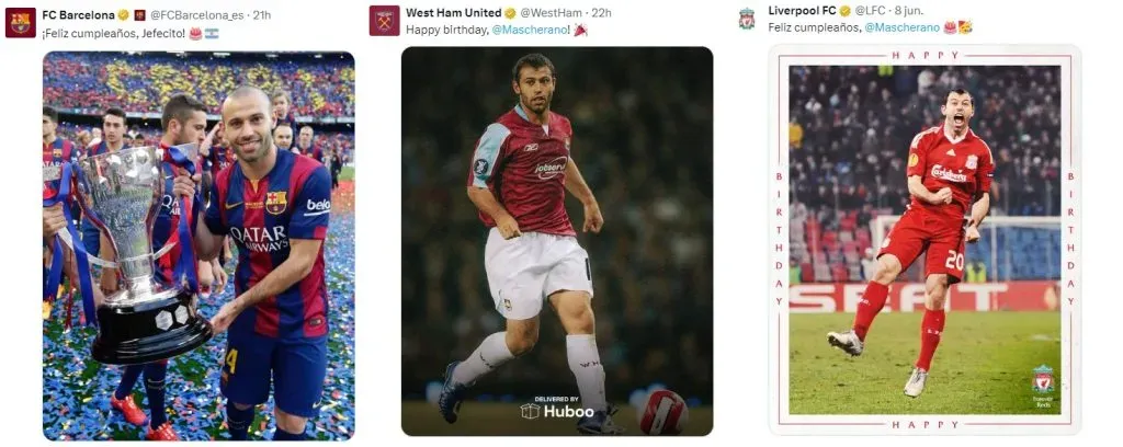 Los saludos a Javier Mascherano por su cumpleaños 40 del Barcelona, West Ham y Liverpool.