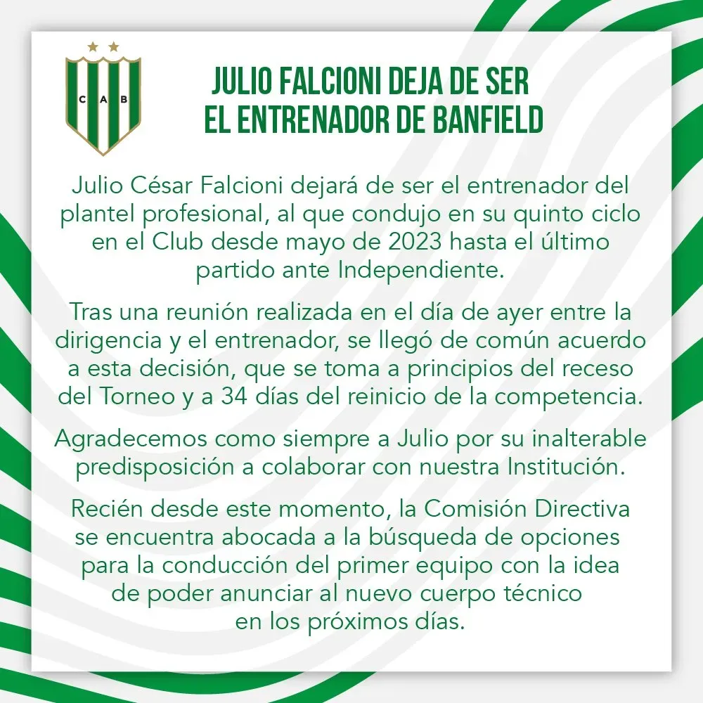 El comunicado oficial de Banfield por la salida de Falcioni (X @CAB_oficial).