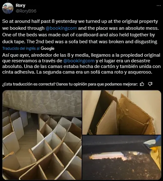 El primer lugar que reservaron y las imágenes de la cama y el sofá (X @RoryB96).