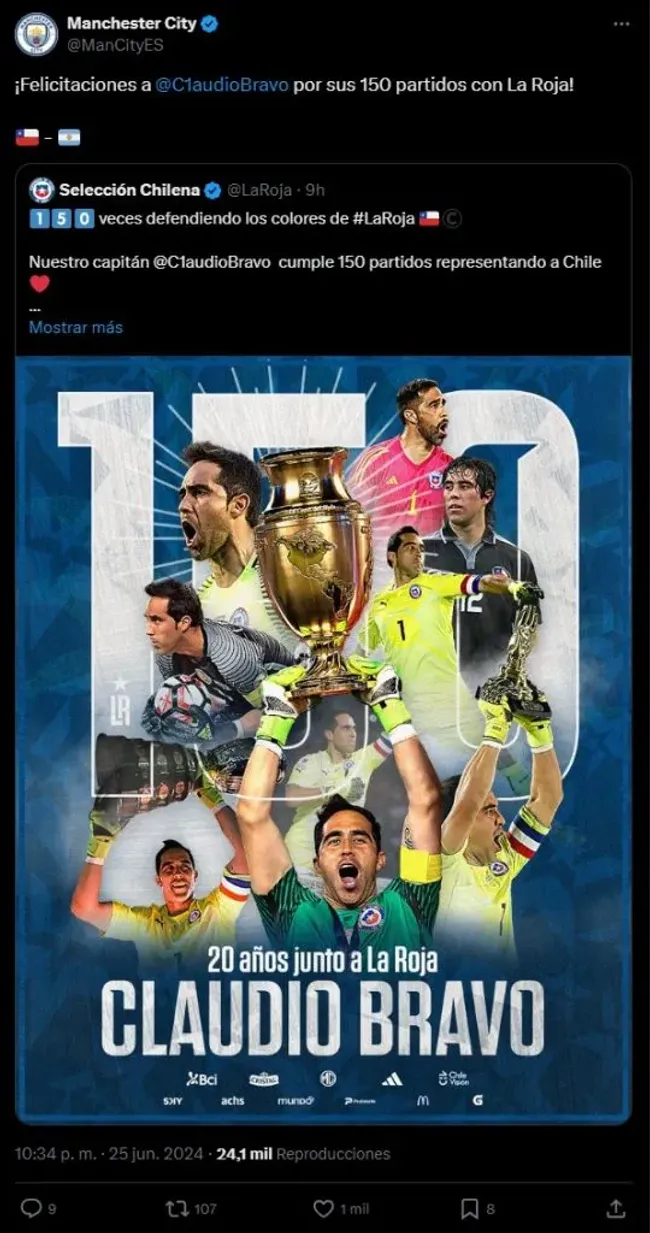 Manchester City destacó a Claudio Bravo por sus 150 partidos con Chile.
