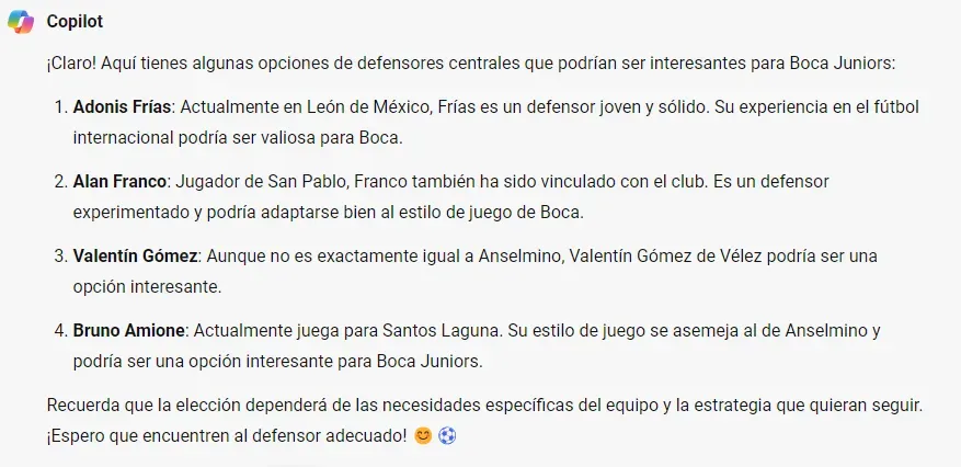 Las recomendaciones de la IA para Boca para reemplazar a Anselmino (Copilot).