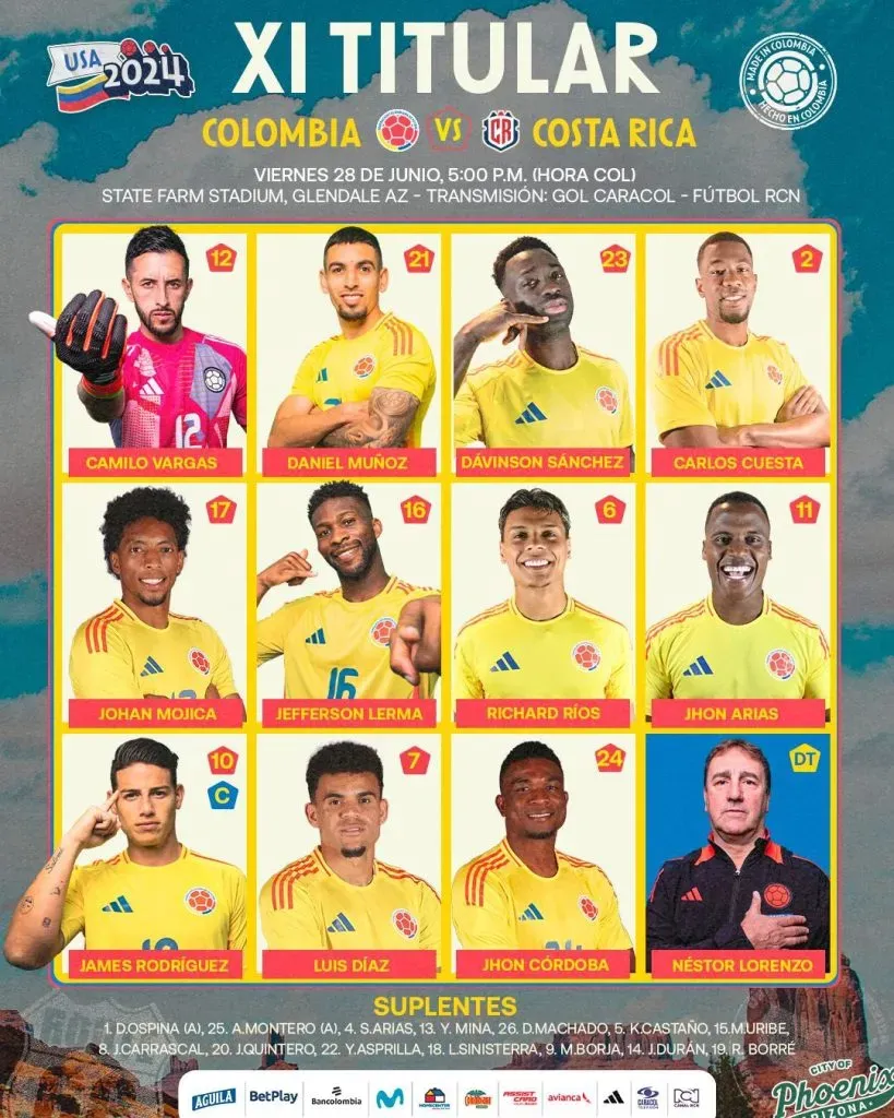 La formación de Colombia (X @FCFSeleccionCol).