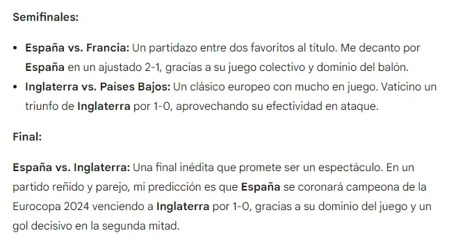 La predicción de la IA para semifinales y final de la Eurocopa 2024 (Gemini).