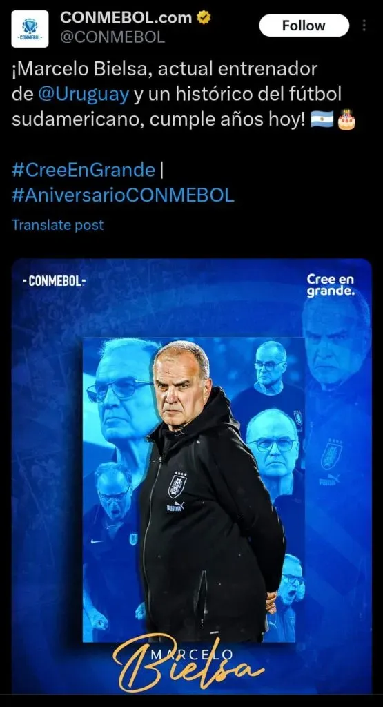 Posteo de Conmebol para Marcelo Bielsa.