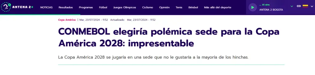 Antena 2 de Colombia estalló contra la posibilidad de que Argentina organice la Copa América 2028.