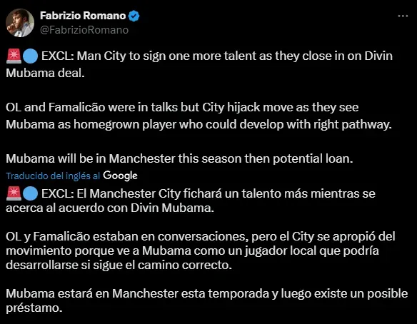 El acuerdo entre Mubama y Manchester City es casi un hecho (X @FabrizioRomano).