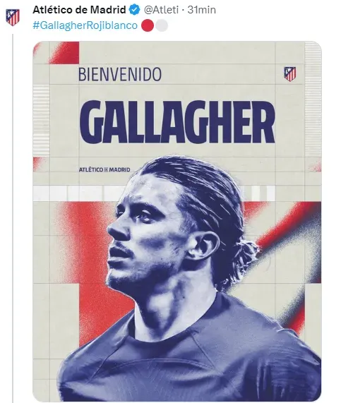 El anuncio con el que el Atlético de Madrid oficializó el fichaje de Conor Gallagher.