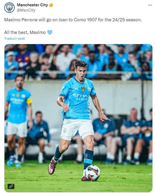La publicación con la que el Manchester City informó del préstamo de Máximo Perrone al Como.