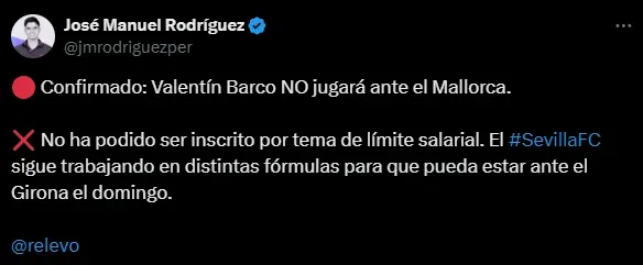 Valentín Barco no fue inscrito y no juega ante Mallorca (X @jmrodriguezper).