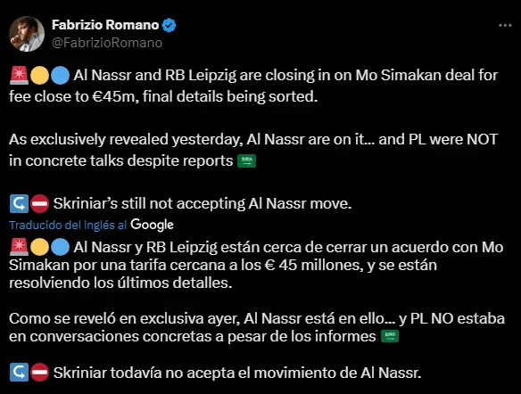 Simakan, cerca de Al Nassr, por 45 millones de euros (X @FabrizioRomano).