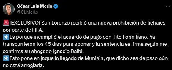 La inhibición que recibió San Lorenzo complica la llegada de Muniain (X @CLMerlo).