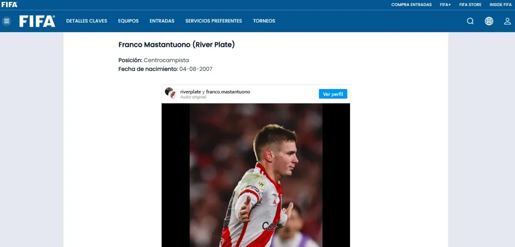 La FIFA resaltó la presencia de Franco Mastantuono en el Mundial de Clubes 2025.