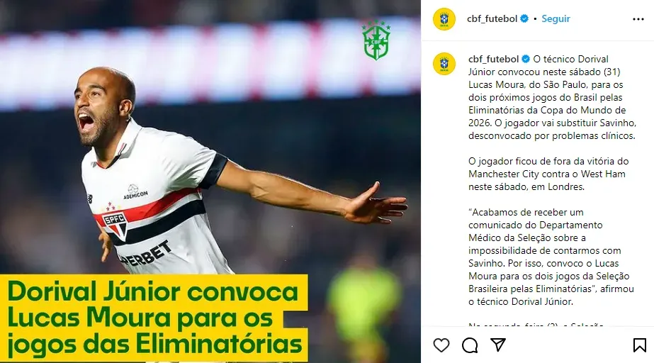 Lucas Moura reemplaza a Savinho en la selección de Brasil (Instagram @cbf_futebol).