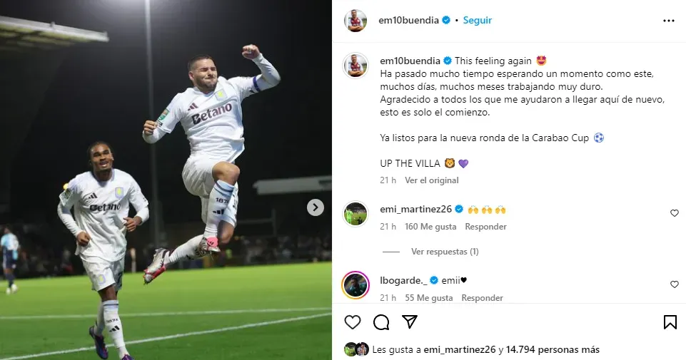 El posteo de Emi Buendía tras su gol (Instagram @em10buendia).