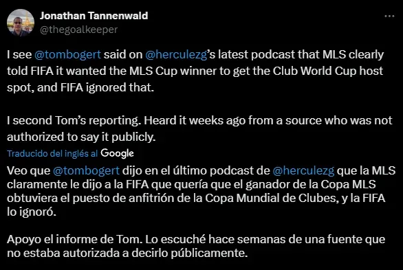El periodista Jonathan Tannenwald coincide con Tom Bogert sobre la postura que tenía la MLS sobre la clasificación al Mundial de Clubes 2025 (X @thegoalkeeper).