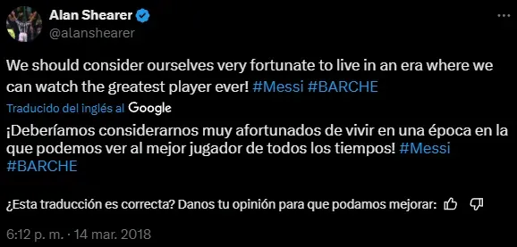 La primera vez que Alan Shearer eligió a Messi como el mejor (X @alanshearer).