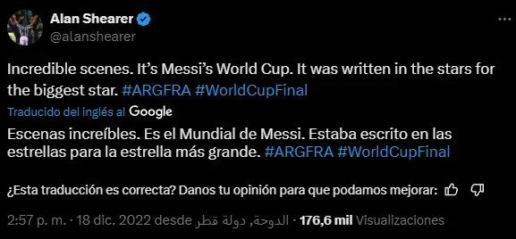 La reacción de Alan Shearer al título de Argentina y Messi (X @alanshearer).