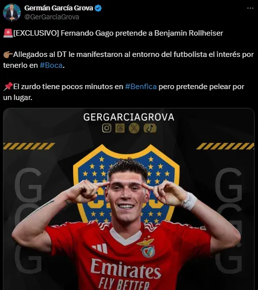 Gago pidió por Rollheiser para Boca (X @GerGarciaGrova).