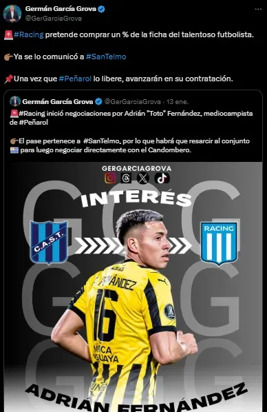 Racing negocia por ‘Toto’ Fernández, según informó Germán García Grova.