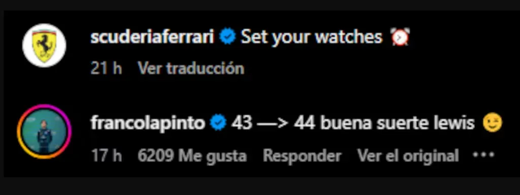 El comentario de Colapinto. (Foto: Instagram)