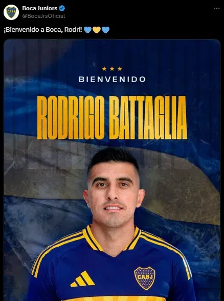 La presentación de Rodrigo Battaglia en las redes sociales de Boca (X @BocaJrsOficial).