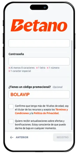 Captura de registro Betano en un celular con el código BOLAVIP