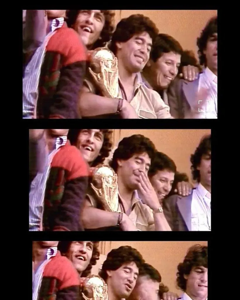 La Selección campeona del 86, Maradona, la Copa y detrás Dertycia. Captura de TV.