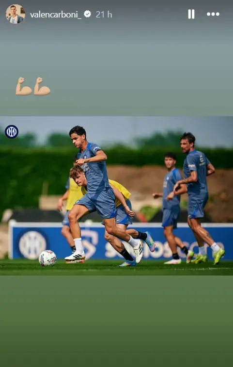 La publicación de Valentín Carboni en la que muestra que ya está entrenando con el Inter de Milán.