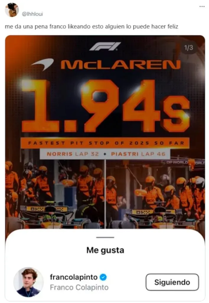 En X se hizo viral el like de Franco Colapinto a la parada de McLaren, tras sus problemas en boxes.