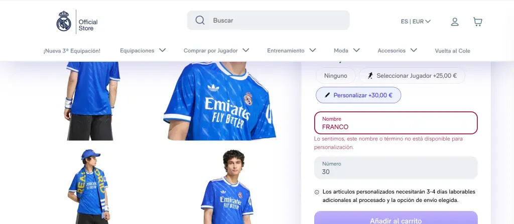 La web oficial de Real Madrid no permite colocar el nombre Franco en sus camisetas personalizadas.