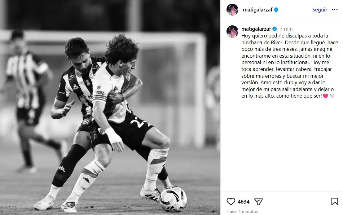 El posteo de Galarza Fonda en sus redes sociales tras la eliminación contra Racing.