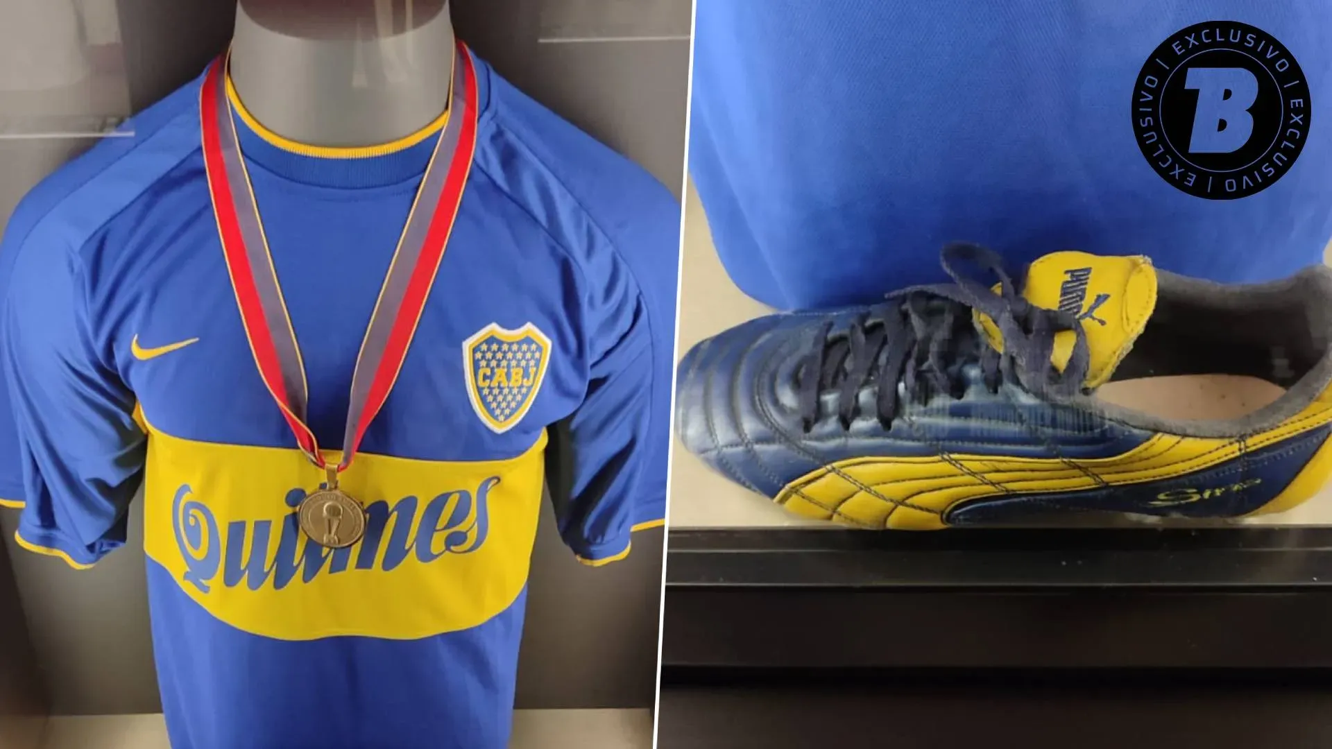 La camiseta, la medalla y el botín izquierdo de Martín Palermo de la Copa Intercontinental 2000.