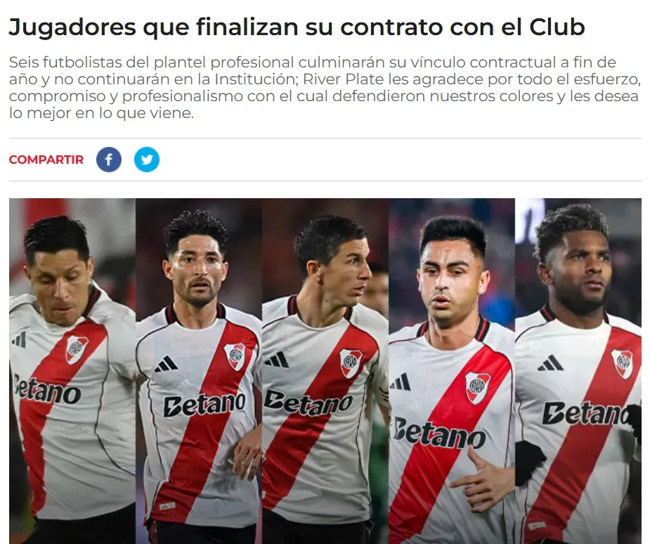 El artículo de la página oficial de River anunciando la salida de varios jugadores del club (Foto Captura).