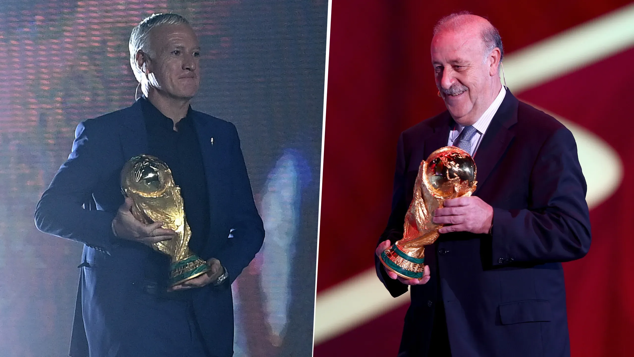Didier Deschamps en el sorteo de Qatar 2022 y Vicente Del Bosque en el sorteo de Brasil 2014.