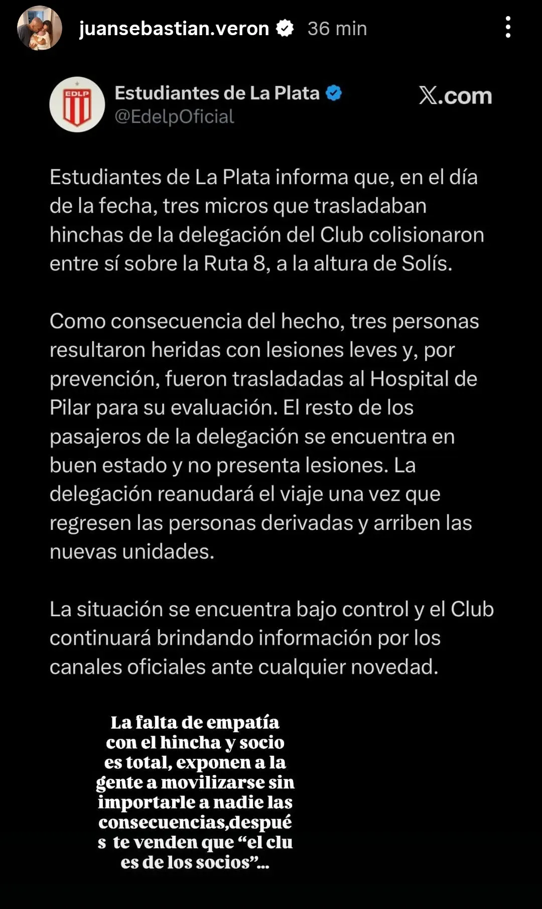 El descargo de Verón en redes sociales tras el accidente que sufrieron tres micros que trasladaban a hinchas.