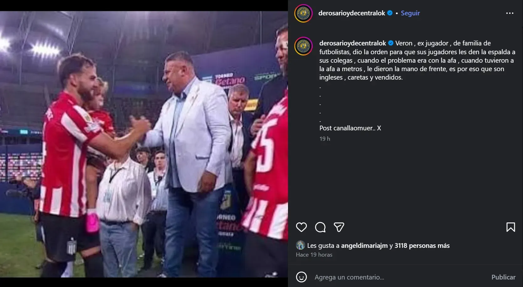 El “me gusta” de Ángel Di María a una publicación contra Estudiantes de La Plata. (Captura Instagram)