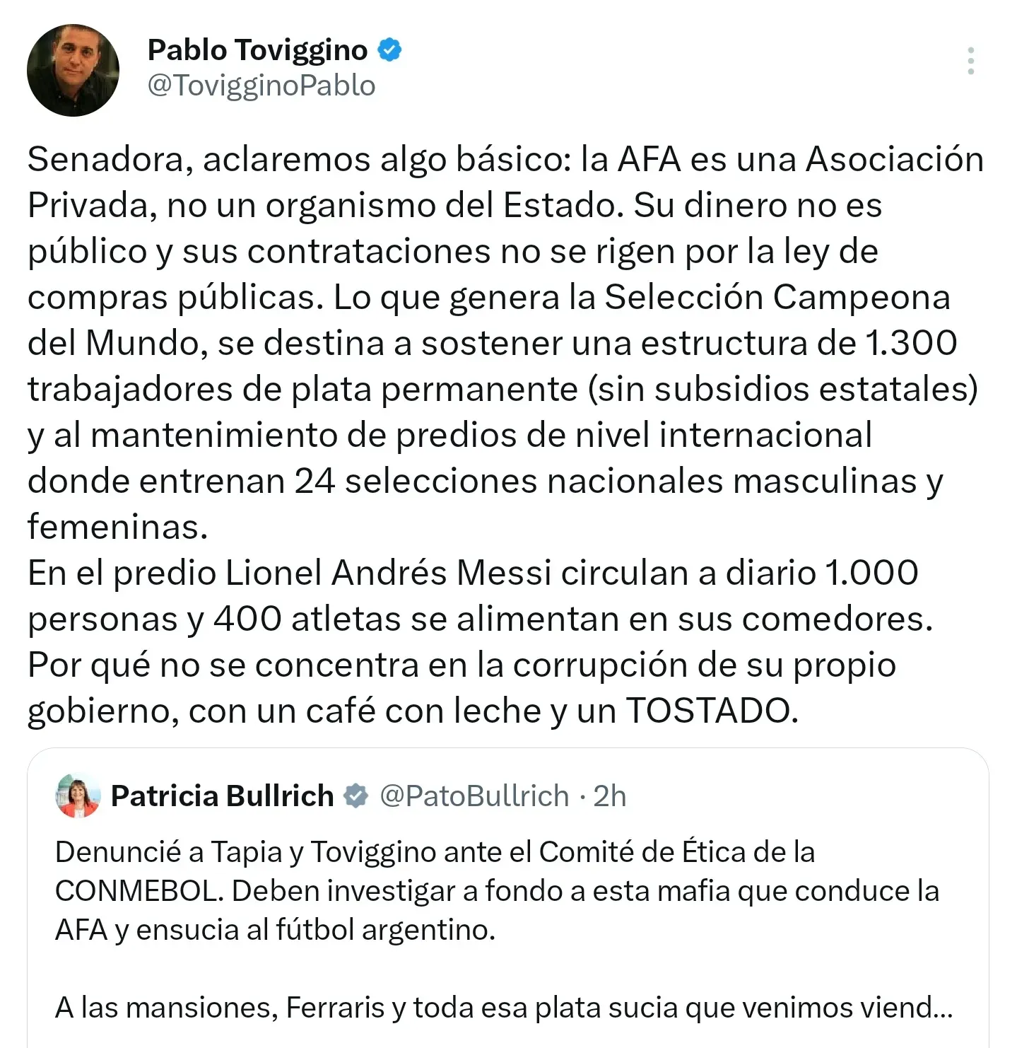 La respuesta de Toviggino a Bullrich mediante las redes sociales.