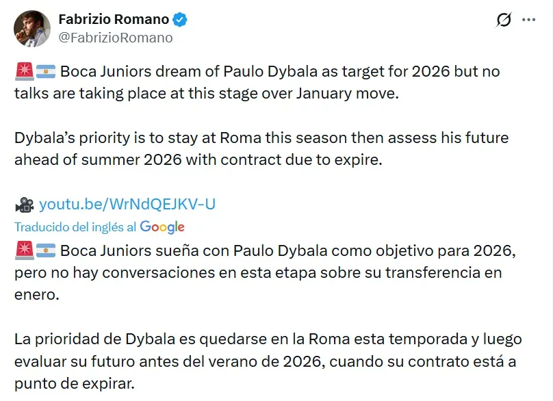 El posteo de Fabrizio Romano.