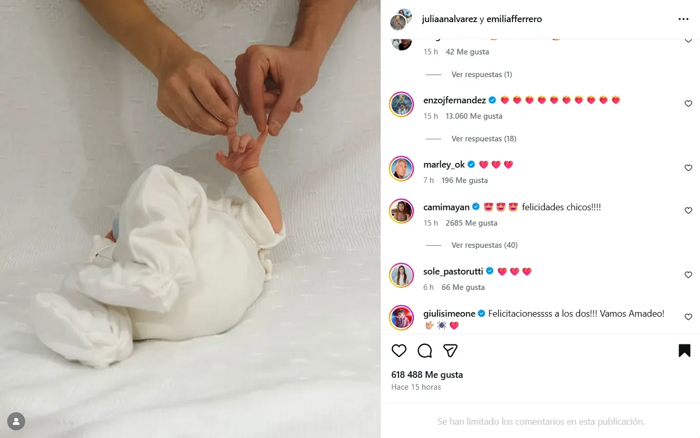 La publicación de Julián Alvarez y Emilia Ferrero sobre el nacimiento de Amadeo.