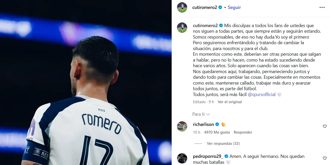 La publicación de Cuti Romero luego de la derrota del Tottenham con el Bournemouth.
