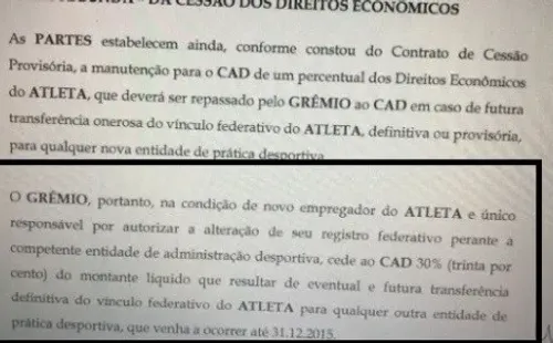 Trecho do contrato que desmente a versão do Diadema no embate judicial; Grêmio voltou atrás na decisão e vai pagar os paulistas