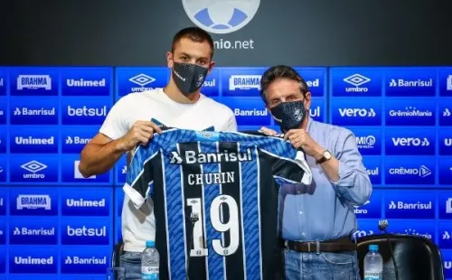 Diego Churín foi apresentado como mais novo reforço gremista. Foto: Lucas Uebel/Grêmio