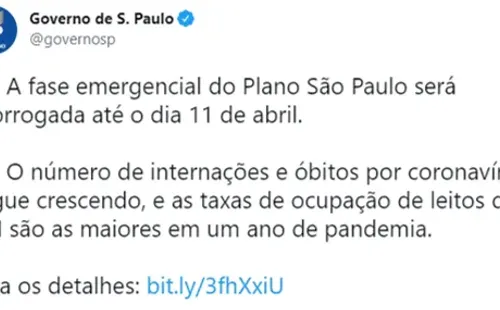 Governo de São Paulo anunciou a prorrogação da fase emergencial (Foto: Reprodução/Twitter)