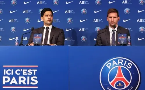 Messi na coletiva de imprensa no PSG. (Foto: Getty Images)