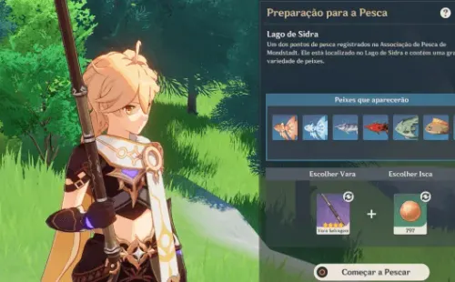 A pescaria precisa de uma vara de pesca e iscas que podem ser feitas com a receita (Captura de tela)