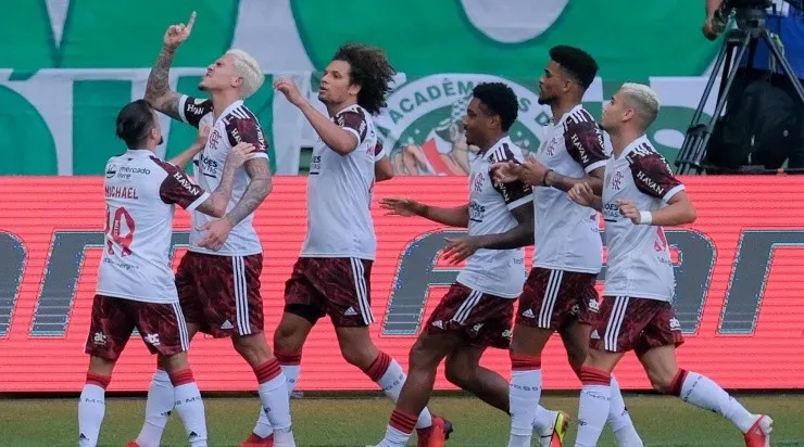Pedro comemora com os companheiros o gol marcado contra o Palmeiras (Foto: Marcello Zambrana/AGIF)