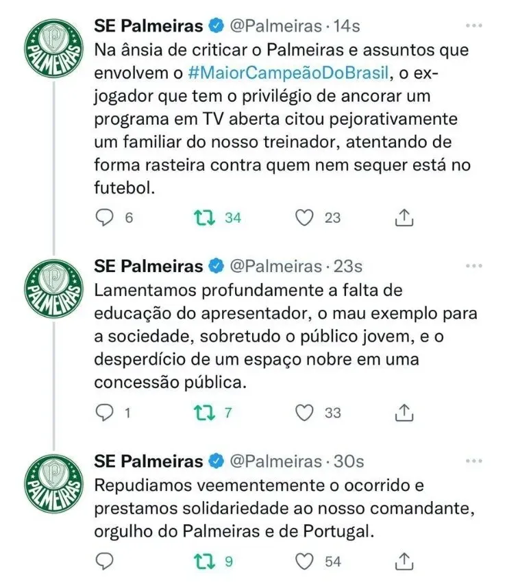 Palmeiras respondeu aos ataques do apresentador Neto contra o técnico Abel Ferreira. Foto: Reprodução/ Twitter Palmeiras