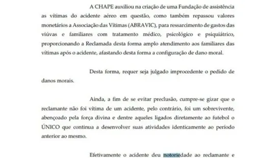 FOTO/REPRODUÇÃO - Site do Globo Esporte: Documento onde Chapecoense acusa o ex-jogador de tomar vantagem da situação